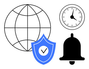 Poster - Globe, shield with checkmark, clock, and bell visualizing internet access, protection, efficiency, punctuality. Ideal for security, networking time management alerts safety productivity system