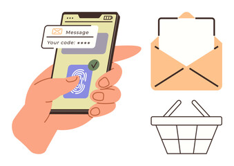 Poster - Hand holding smartphone with fingerprint scan and security message. Envelope and shopping basket icons emphasize authentication, communication, e-commerce. Ideal for digital security, shopping