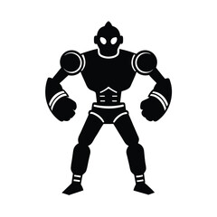 Poster - Black and white silhouette of a powerful retro robot facing forward on white background