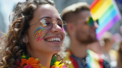 Poster - A smiling woman with a vibrant rainbow design on her face, great for creative or inspirational uses