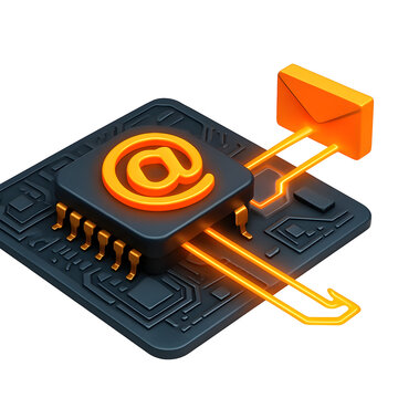 Electronic mail illustration chip with @ symbol sending an email