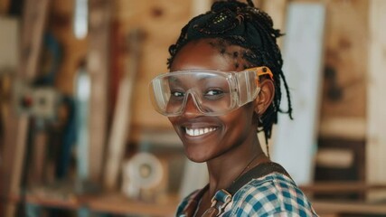 Poster - A woman wearing safety goggles works in a workshop setting