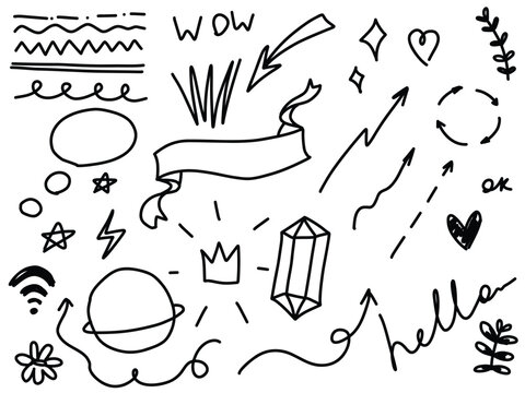 Doodle collage lines shapes arrows stars hearts planet ribbon crown crystal flowers and words