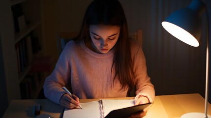 Poster - Concentrated student girl is learning at home at night, writing notes on her notebook and using a tablet, illuminated by the light of a desk lamp in a dark room