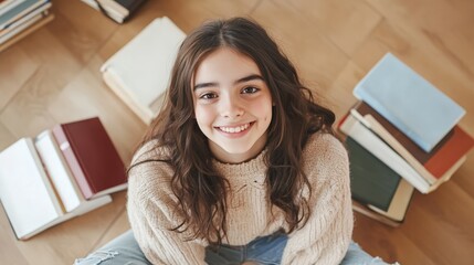 Poster - High angle view of a cheerful elementary school student smiling while sitting on a wooden floor surrounded by books, ready for back to school