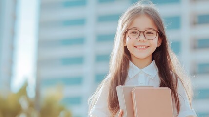 Poster - Happy elementary school student wearing eyeglasses and holding books outside a school building, smiling brightly and feeling excited about the upcoming academic year ahead