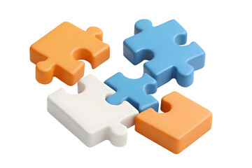 Poster - Interlocking puzzle pieces, orange, blue, and white, digitally rendered