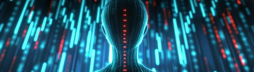 Fototapete - Futuristic Digital Human: Sci-Fi AI Cybernetic Matrix in Neon Blue and Red