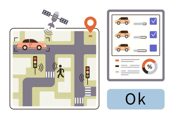 Poster - Satellite tracking cars and pedestrians, traffic signals, digital dashboard data. Ideal for technology, innovation, safety, automation, mobility urban planning transportation. Simple flat metaphor