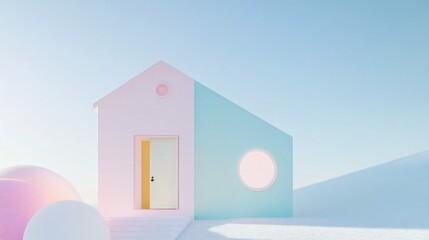 Aufkleber - Minimalist House with Round Window and Open Door in Pastel Colors and a Soft Sky