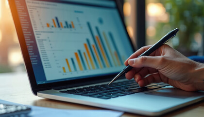 Aufkleber - Person analyzes financial data. Uses laptop showing bar graph chart, business statistics, stock market. Financial advisor works with computer, digital marketing, economic analysis. Finance,