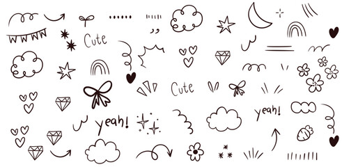 Poster - Doodle collection with clouds stars hearts diamonds bows and handwritten words