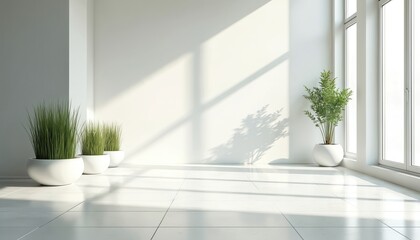 Poster - Bright, sunlit modern room with white tile floor and large windows. Minimalist interior design with potted plants. Empty living space. Calm home interior creates relaxing atmosphere.