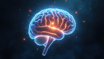 Poster - Glowing brain illustration with energy sparks. Human mind concept, digital design, futuristic technology. Neural network, science, learning, creativity, thinking, intelligence, mental health,