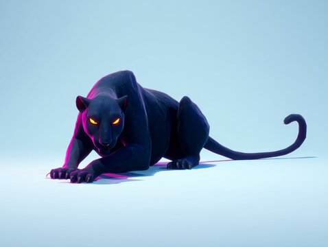 A crouching black panther with glowing yellow eyes set against a white background illuminated with pink and blue light