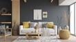 © Olena Ryzhenko - scandinavian living room, grey accent wall, white sofa, mustard cushions, wood elements, cozy space