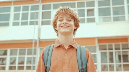Poster - Portrait of a cheerful student smiling outside school building, carrying backpack and ready for new academic year, expressing happiness and excitement for education