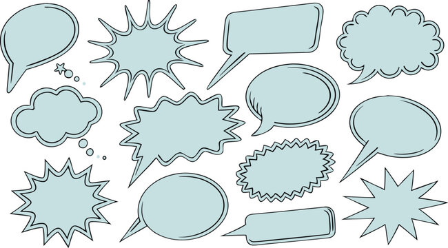 Vector art of a collection of various light blue speech bubbles and starburst shapes isolated on transparent background, perfect for comic book design
