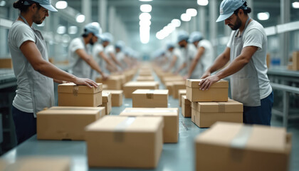 Poster - Factory workers assemble cardboard boxes on automated production line. Employees team work, industry, logistic, distribution, export and import. Modern business, efficiency, quality goods production.