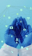 Aufkleber - Animation of network of connections with icons over hands holding blue ribbon on blue background