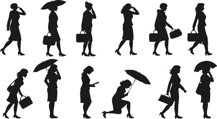 Leinwandbilder - Vector art of a collection of twelve diverse silhouettes of businesswomen in various poses, some carrying bags or umbrellas, isolated on transparent background