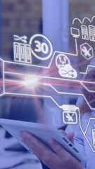 Poster - Digital interface with icons against female teacher using digital tablet