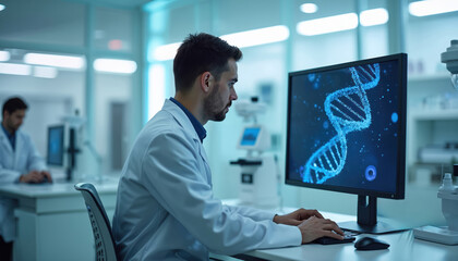 Aufkleber - Male scientist in lab coat works on computer, showing DNA structure. Modern medical research laboratory with advanced equipment, biotechnology facility. Research, analysis, health, medicine, science