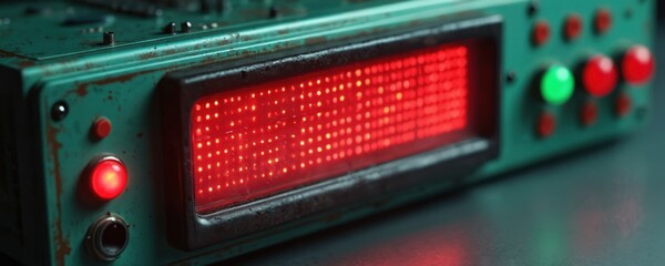 Retro LED display with red, green buttons, industrial design. Vintage device, control panel. Futuristic technology, interface with glowing dots matrix. Electronic old classic contraption.