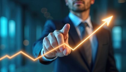Aufkleber - Businessman in suit points up with finger to glowing upward trend line arrow. Business growth, financial success concept. Charts, graphs, data analysis. Progress, development, investment, marketing,