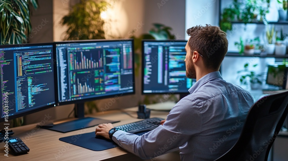 Dedicated programmer immersed in coding, analyzing data on multiple ...