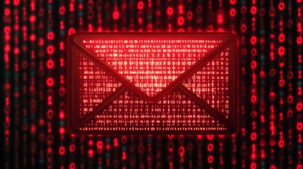 Poster - Threats illustrated by ominous email envelopes. A cyber-attack on a digital mailbox and binary code.