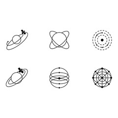 Leinwandbilder - Abstract Minimalist Satellite Orbiting Planet Icons Global Network Technology Space Exploration Communication Connectivity Modern Design Vector Graphics