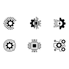 Fototapete - Abstract Technology Icons Gear Circuit Board Minimalist Black and White Vector Graphics