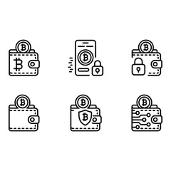 Poster - Bitcoin Wallet Icons Secure Cryptocurrency Payment Mobile App and Blockchain Technology Line Art Graphics