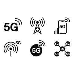 Fototapete - Collection of Bold Black 5G Network Icons Mobile Tower Signal and Connection Graphics