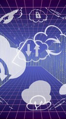 Poster - Animation of globe with cloud icons and data processing over computer servers
