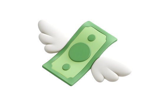 Cartoon money with wings floating against a black background