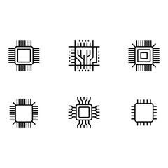 Fototapete - Microprocessor Icons Six Minimalist Line Art Designs Technology Digital Simple Clean Style