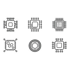 Fototapete - Modern Microchip Technology Line Art Icons Set Clean Minimalist Design Data Processing AI and Computing Concepts