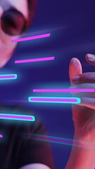 Poster - Animation of glowing light trails of data transfer over asian woman using vr headset