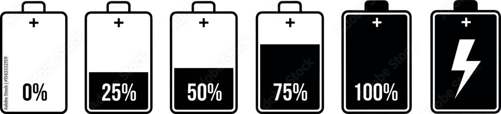 Battery level icon set. Charge status symbol with 0, 25, 50, 75 percent ...