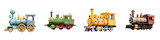 Vintage Toy Train Collection on White Background