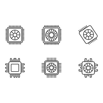 Six Minimalist Line Art CPU Processor Icons Technology Computing Hardware Clean Modern Style