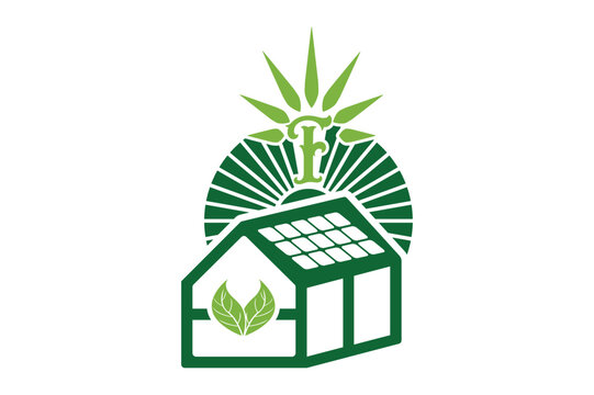 Green eco house with solar panels and sunburst letter f logo design