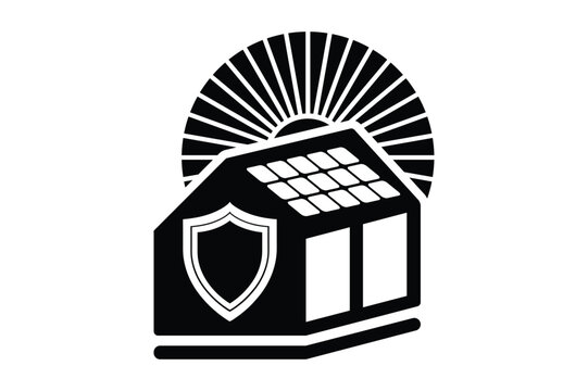 Solar panel house with shield icon energy security