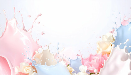 Poster - Colorful milk splashes with roses creating a soft floral background