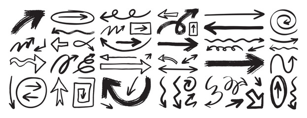 hand drawn arrows set grunge rough, brush stroke curly arrow collection