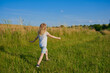 © retbool - little girl walks in the meadow in the summer, A girl walks quickly along a path through a meadow, waving her arms. It's summer vacation, and she's enjoying nature.