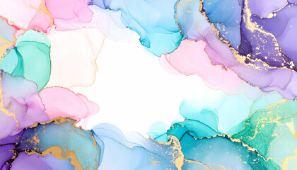 Poster - Colorful abstract fluid art with gold accents and flowing shapes