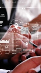 Poster - Animation of data on screens over diverse businesspeople with smartphones